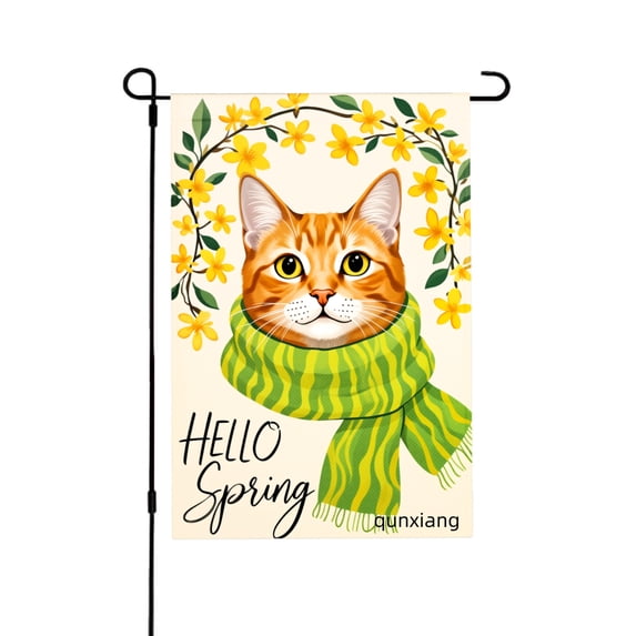 Amhnf Cat With Yellow Flowers And Green Scarf Hello Spring Garden Flag For Home Outdoor Garden Yard Decor 12x18 inch