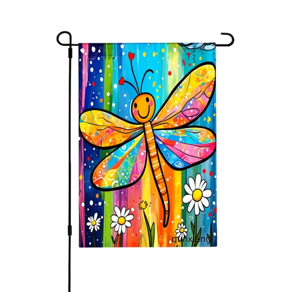 Amhnf Colorful Dragonfly Garden Flag With Rainbow Background And Daisies For Home Outdoor Garden Yard Decor 12x18 inch
