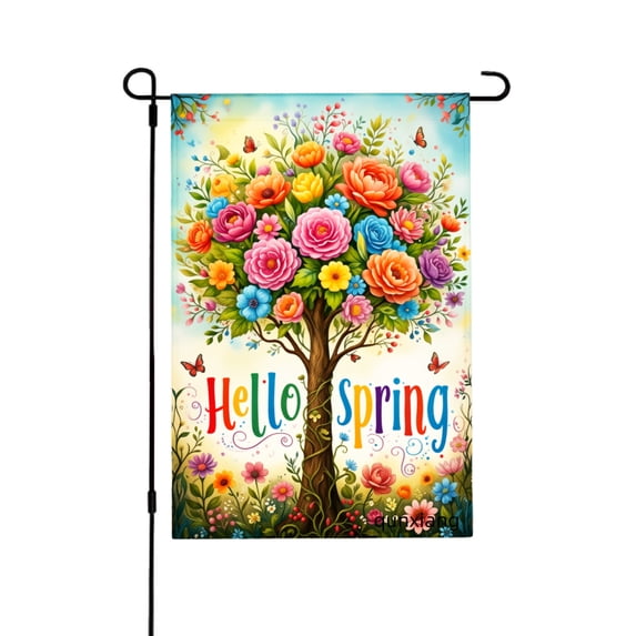 Amhnf Colorful Flower Tree Hello Spring Garden Flag For Home Outdoor Garden Yard Decor 12x18 inch