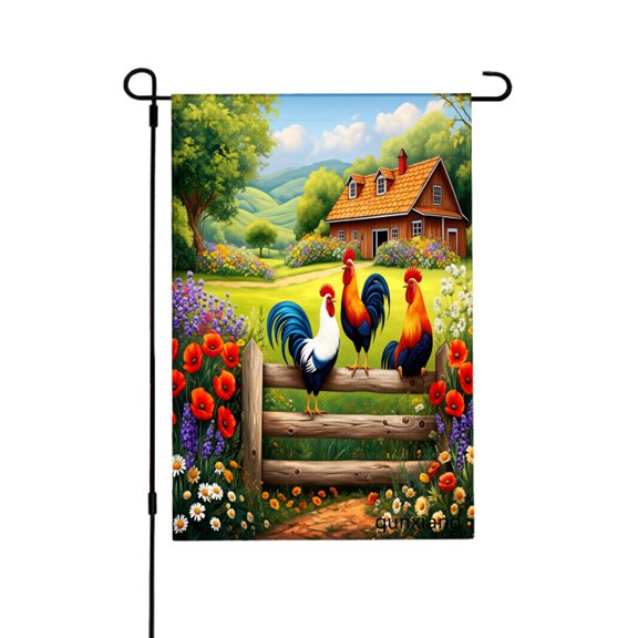 Amhnf Colorful Roosters On Fence Garden Flag For Home Outdoor Garden Yard Decor 12x18 inch