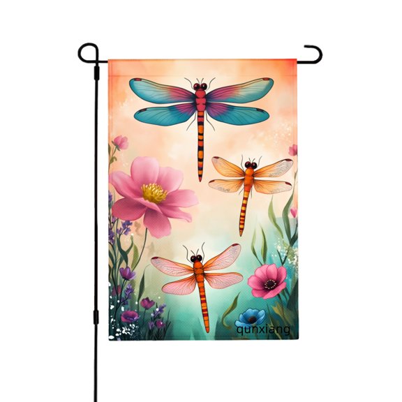 Amhnf Dragonfly And Flower Garden Flag For Home Outdoor Garden Yard Decor 12x18 inch