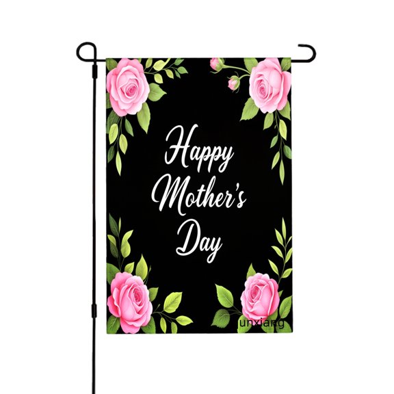 Amhnf Happy Mothers Day Pink Roses Black Garden Flag For Home Outdoor Garden Yard Decor 12x18 inch