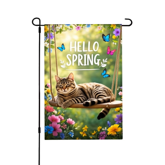 Amhnf Hello Spring Cat On Swing Garden Flag For Home Outdoor Garden Yard Decor 12x18 inch