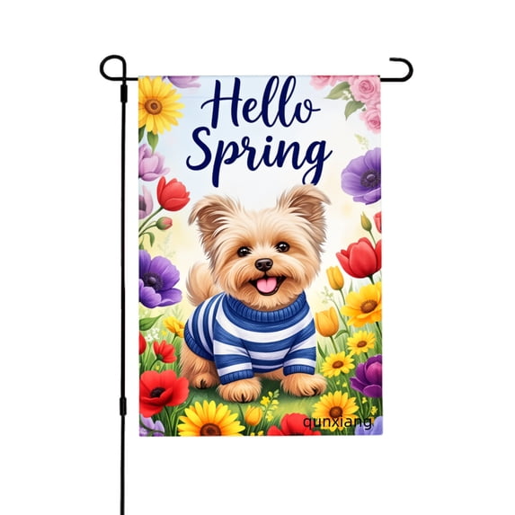 Amhnf Hello Spring Dog In Flower Garden Cotton Linen Garden Flag For Home Outdoor Garden Yard Decor 12x18 inch