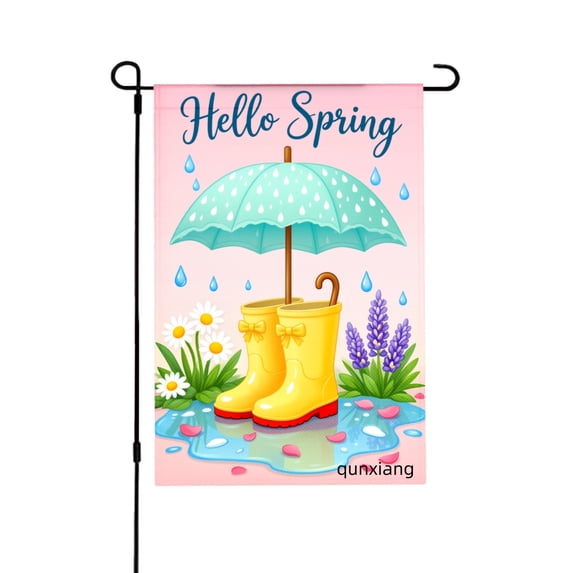Amhnf Hello Spring Garden Flag With Umbrella Rain Boots And Flowers For Home Outdoor Garden Yard Decor 12x18 inch