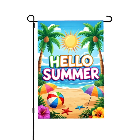 Amhnf Hello Summer Beach Scene Palm Trees Sun Umbrellas And Ball Garden Flag For Home Outdoor Garden Yard Decor 12x18 inch