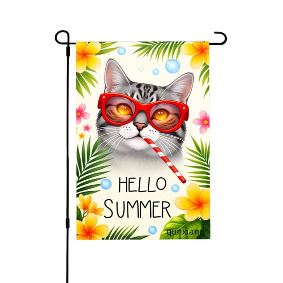 Amhnf Hello Summer Cat With Sunglasses And Tropical Flowers Garden Flag For Home Outdoor Garden Yard Decor 12x18 inch