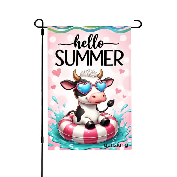 Amhnf Hello Summer Cow In Pool Float Garden Flag For Home Outdoor Garden Yard Decor 12x18 inch