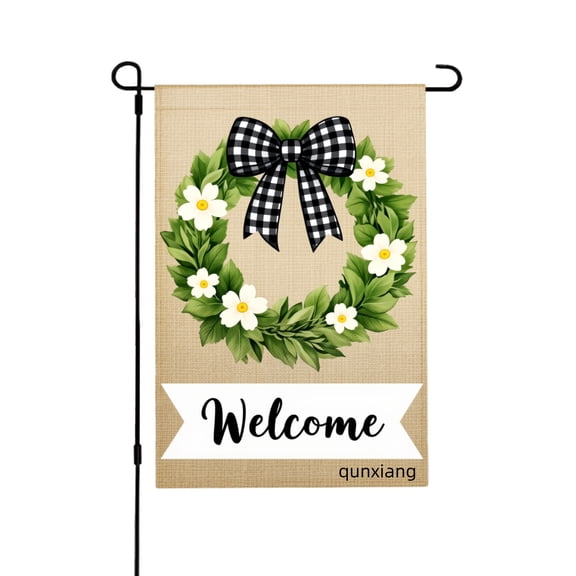 Amhnf Linen Garden Flag With Floral Wreath And Welcome Sign For Home Outdoor Garden Yard Decor 12x18 inch