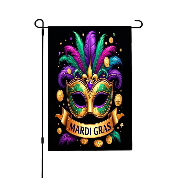 Amhnf Mardi Gras Mask Garden Flag With Colorful Feathers And Gold Accents For Home Outdoor Garden Yard Decor 12x18 inch