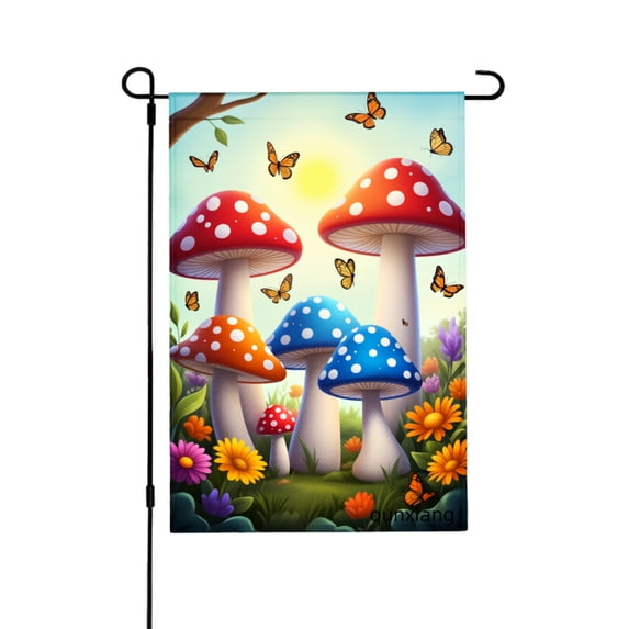 Amhnf Mushroom Garden Flag With Colorful Fungi And Butterflies For Home Outdoor Garden Yard Decor 12x18 inch