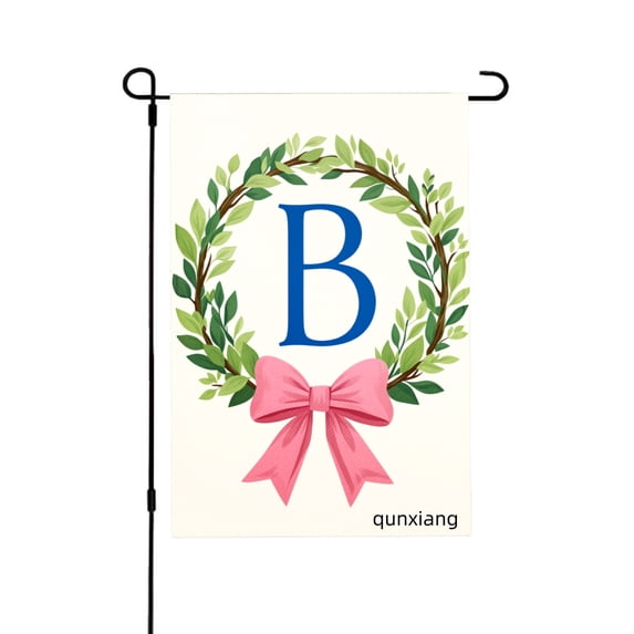 Amhnf Personalized Monogram Garden Flag With Initial B And Green Wreath Pink Bow For Home Outdoor Garden Yard Decor 12x18 inch