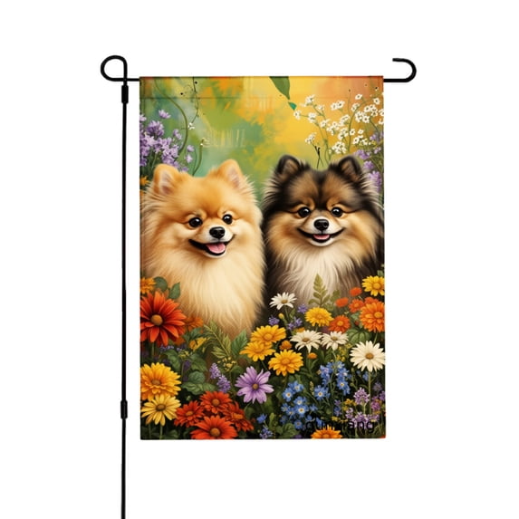 Amhnf Pomeranian Dogs In Flower Garden亚麻花园旗 For Home Outdoor Garden Yard Decor 12x18 inch