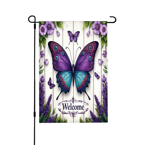 Amhnf Purple Butterfly Garden Flag Welcome Sign With Lavender Flowers And Butterflies For Home Outdoor Garden Yard Decor 12x18 inch