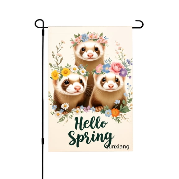 Amhnf Spring Ferrets Garden Flag With Floral Design Hello Spring Text For Home Outdoor Garden Yard Decor 12x18 inch