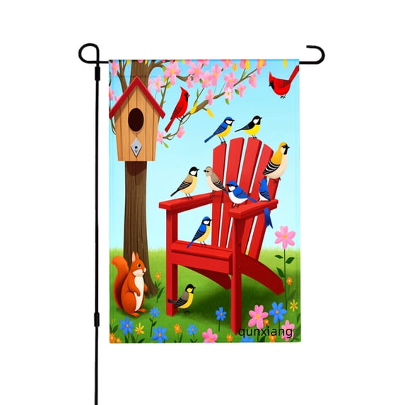 Amhnf Spring Garden Scene With Birds And Squirrel On Red Chair For Home Outdoor Garden Yard Decor 12x18 inch