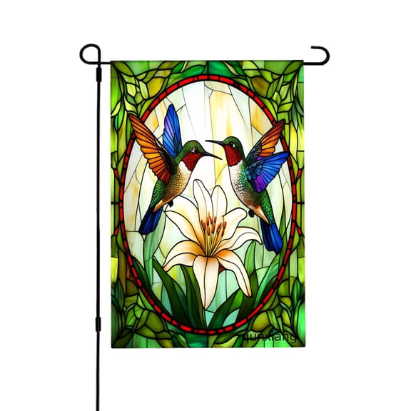 Amhnf Stained Glass Hummingbirds And Lily Garden Flag For Home Outdoor Garden Yard Decor 12x18 inch
