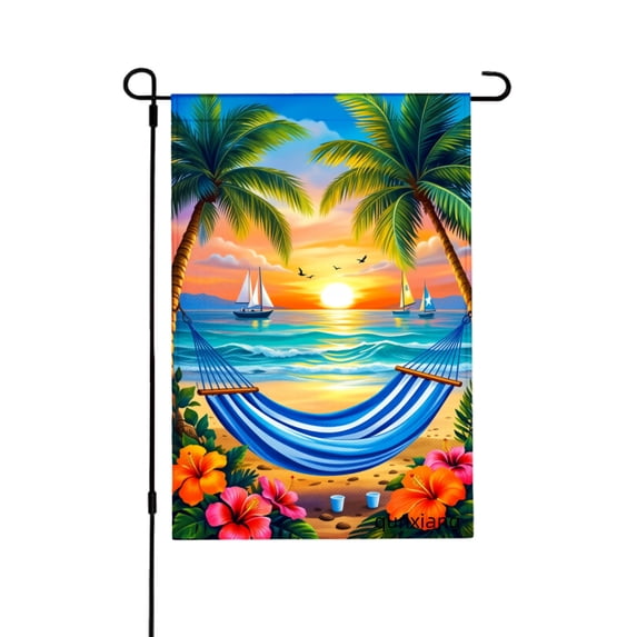 Amhnf Tropical Beach Scene With Hammock Palm Trees And Sunset Garden Flag For Home Outdoor Garden Yard Decor 12x18 inch