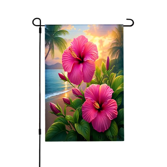 Amhnf Tropical Hibiscus Flower Garden Flag With Palm Trees And Ocean Sunset Scene For Home Outdoor Garden Yard Decor 12x18 inch