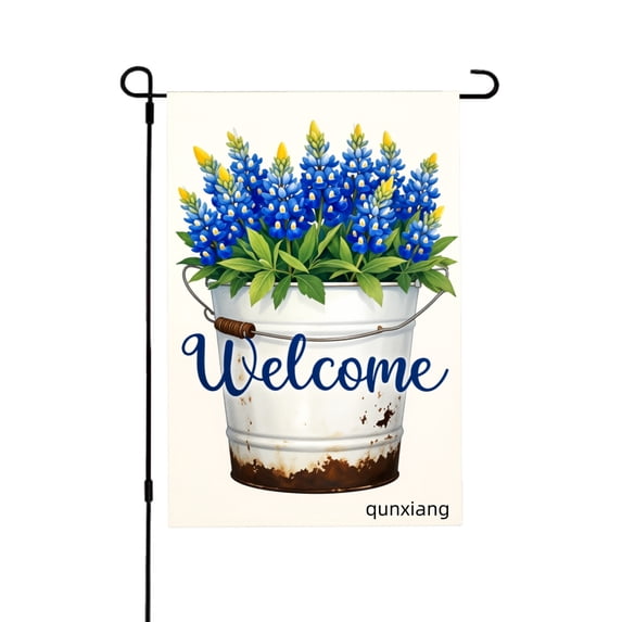 Amhnf Welcome Blue Flowers In Bucket Garden Flag For Home Outdoor Garden Yard Decor 12x18 inch