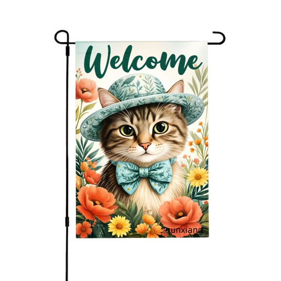 Amhnf Welcome Cat With Hat And Bow Tie Floral Garden Flag For Home Outdoor Garden Yard Decor 12x18 inch