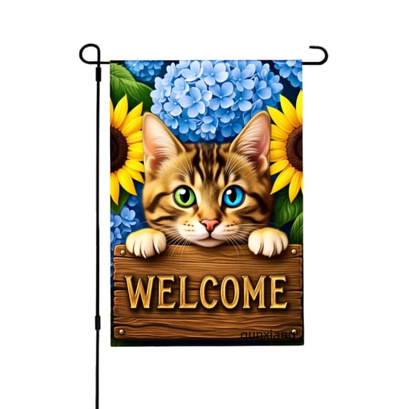 Amhnf Welcome Cat With Sunflowers And Hydrangeas Garden Flag For Home Outdoor Garden Yard Decor 12x18 inch