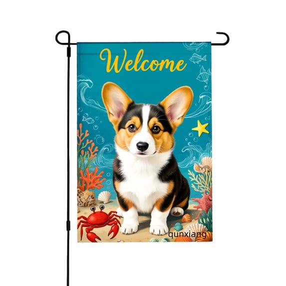 Amhnf Welcome Corgi Puppy Under Sea Garden Flag For Home Outdoor Garden Yard Decor 12x18 inch