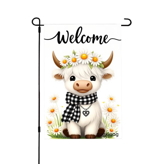 Amhnf Welcome Cute Cow With Daisy Crown And Checkered Scarf Garden Flag For Home Outdoor Garden Yard Decor 12x18 inch