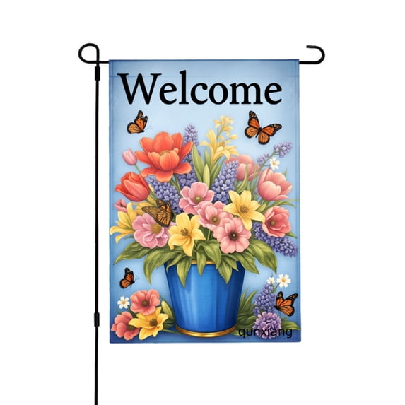 Amhnf Welcome Floral Garden Flag With Butterflies And Colorful Flowers In Blue Vase For Home Outdoor Garden Yard Decor 12x18 inch