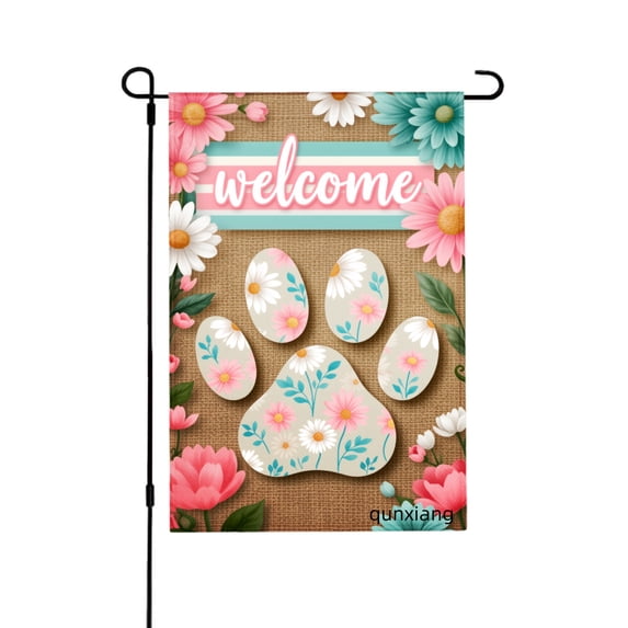 Amhnf Welcome Floral Paw Print Garden Flag For Home Outdoor Garden Yard Decor 12x18 inch