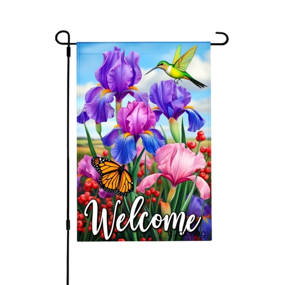 Amhnf Welcome Garden Flag With Purple Irises Hummingbird And Butterfly For Home Outdoor Garden Yard Decor 12x18 inch