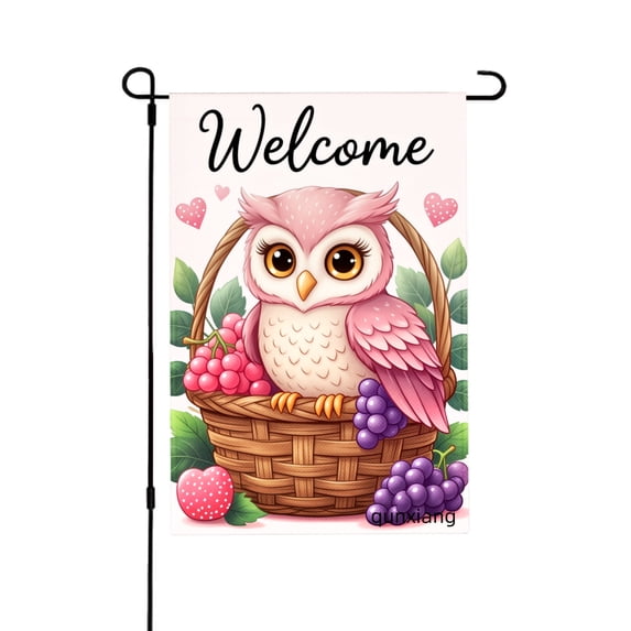 Amhnf Welcome Pink Owl In Basket With Grapes And Berries Garden Flag For Home Outdoor Garden Yard Decor 12x18 inch