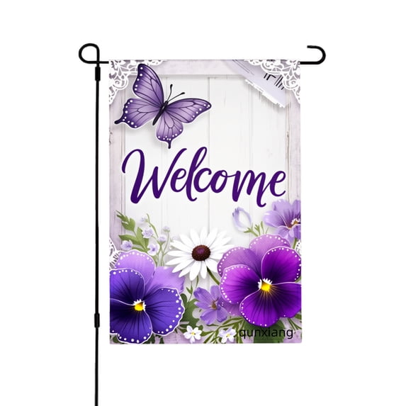 Amhnf Welcome Purple Butterfly And Flowers Garden Flag For Home Outdoor Garden Yard Decor 12x18 inch