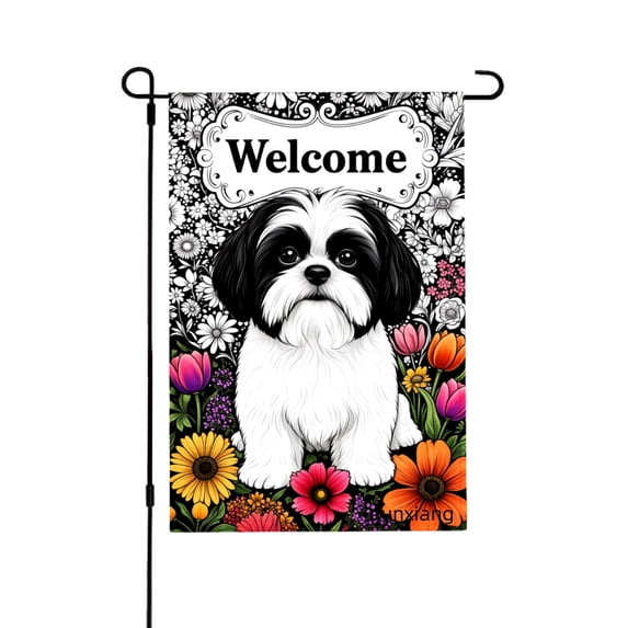 Amhnf Welcome Shih Tzu Dog Garden Flag With Floral Design For Home Outdoor Garden Yard Decor 12x18 inch