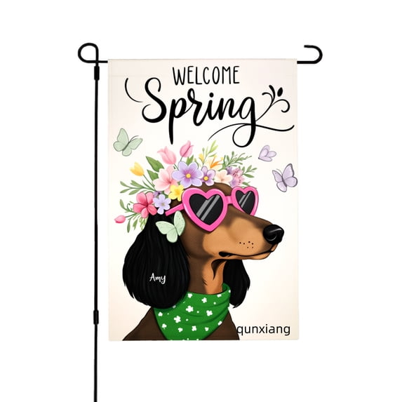 Amhnf Welcome Spring Dachshund Dog With Flower Crown And Sunglasses Garden Flag For Home Outdoor Garden Yard Decor 12x18 inch
