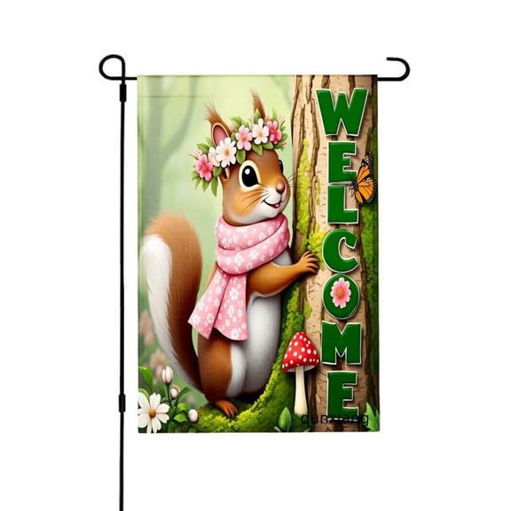 Amhnf Welcome Squirrel Garden Flag With Flower Crown And Scarf For Home Outdoor Garden Yard Decor 12x18 inch