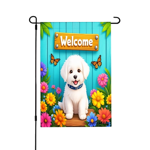 Amhnf Welcome White Dog Garden Flag With Flowers And Butterflies For Home Outdoor Garden Yard Decor 12x18 inch