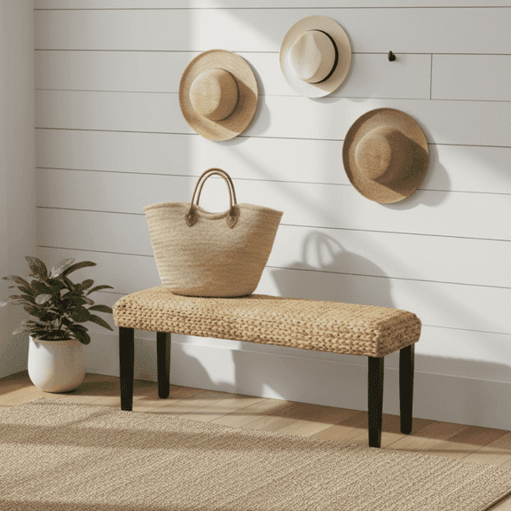 Amhold Indoor Wood Acacia Bench Natural Water Hyacinth Seat for Rustic Industrial Style Entryway