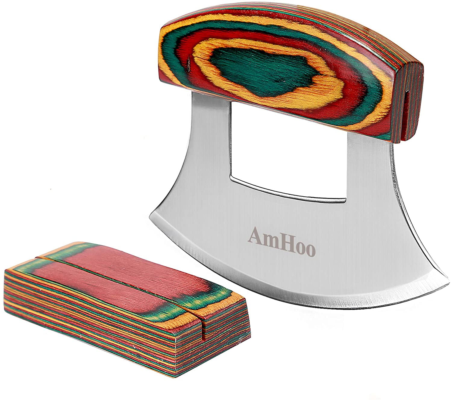 Amhoo Pizza Cutter Chef Mezzaluna Knife Handle Color Wood Grip Sharp Rocker Slicer Stainless Steel Blade Salad Onion Vegetable Chopper with Holder Base Christmas Gifts