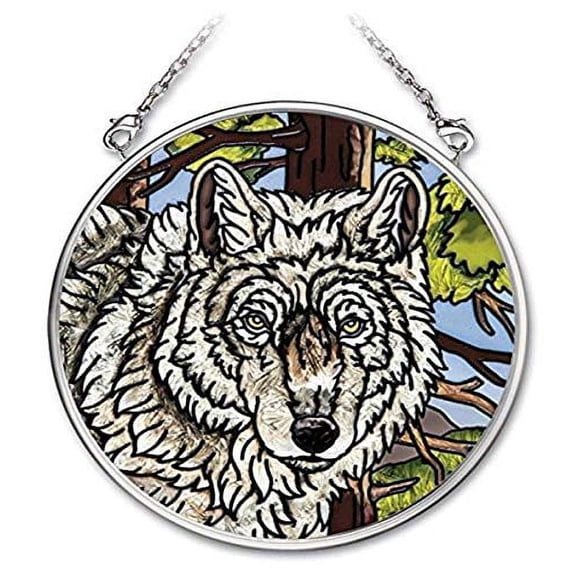Amia 41732 Hand-Painted Glass Small Circle Suncatcher, Wolf Design, 3-1/2-Inch