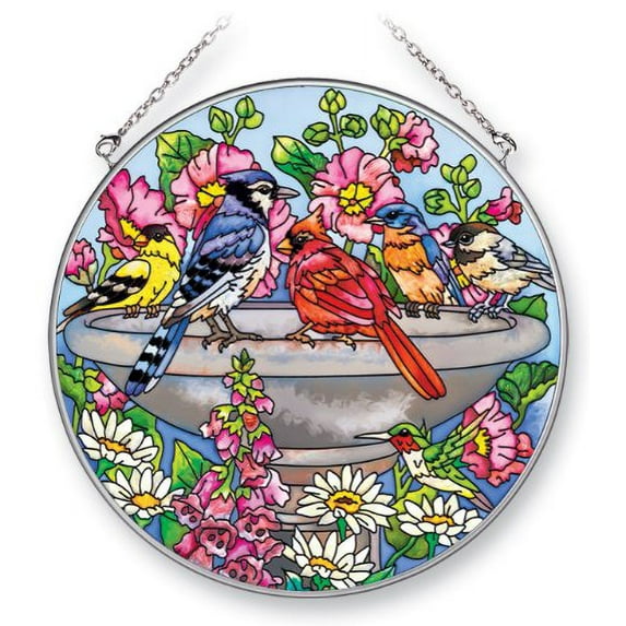 Amia 5324 Suncatcher Featuring Birds in a Birdbath, Hand Painted Glass, 6-1/2-Inch Circle
