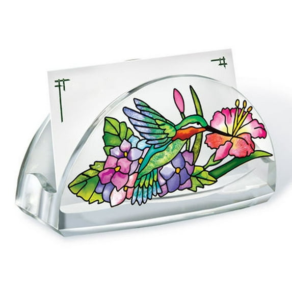 Amia 5774 Hand Painted Acrylic Business Card Holder Featuring a Hummingbird Design, 4-Inch