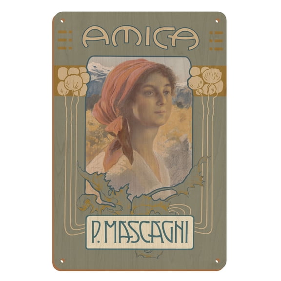 Amica - Italian Opera - Composer Pietro Mascagni - Vintage Music Poster by Leopoldo Metlicovitz c.1905 - 8 x 12 inch Vintage Wood Art Sign