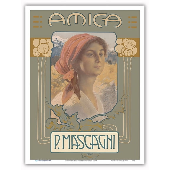 Amica - Italian Opera - Composer Pietro Mascagni - Vintage Music Poster by Leopoldo Metlicovitz c.1905 - Master Art Print (Unframed) 9in x 12in