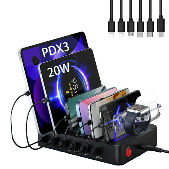 USB C charging station for multiple devices Fast PD 96W 6-port charger with 3X PD 20W Charger Station Dock with 6 Cables
