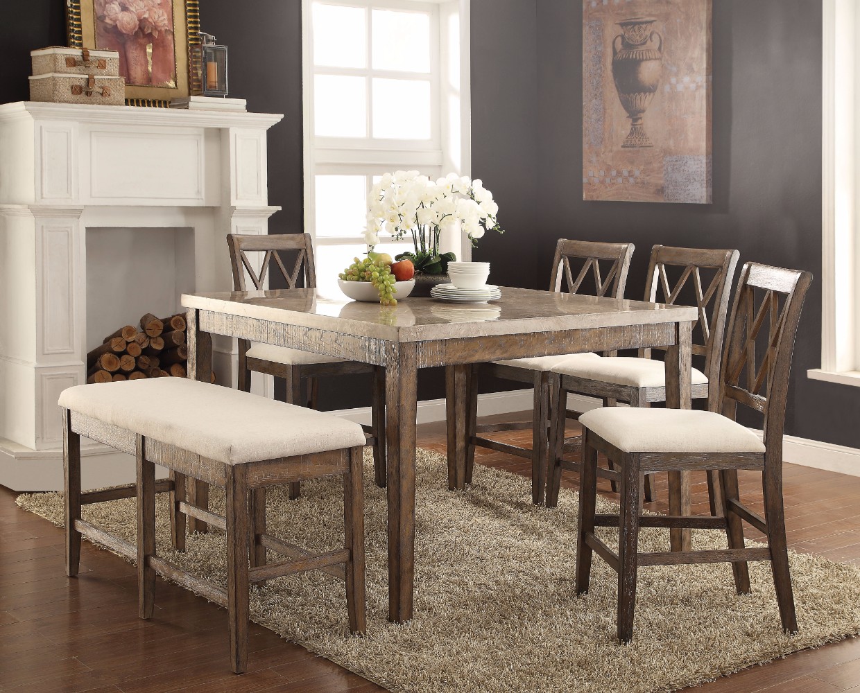 Amicable Counter Height Table with marble top, Brown and White ...
