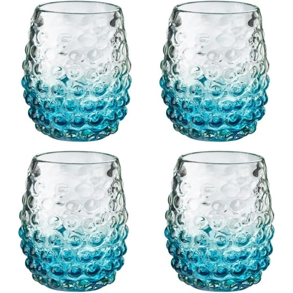 Amici Home-Catalina Double Old-Fashioned (DOF) Glass, Aqua, Artisan Handmade Mexican Recycled Glass, 3.5” D x 4.25” H, 12- Ounce, Made in Mexico-Set of 4