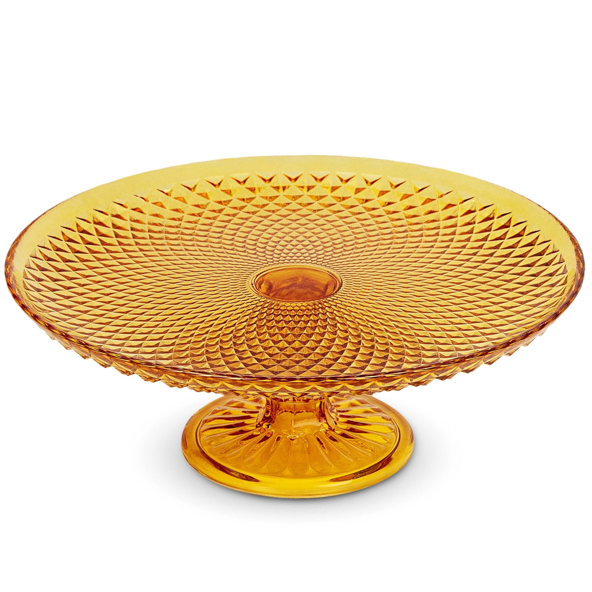 Amber Diamond Pattern Glass Pedestal Cake Stand, 10"