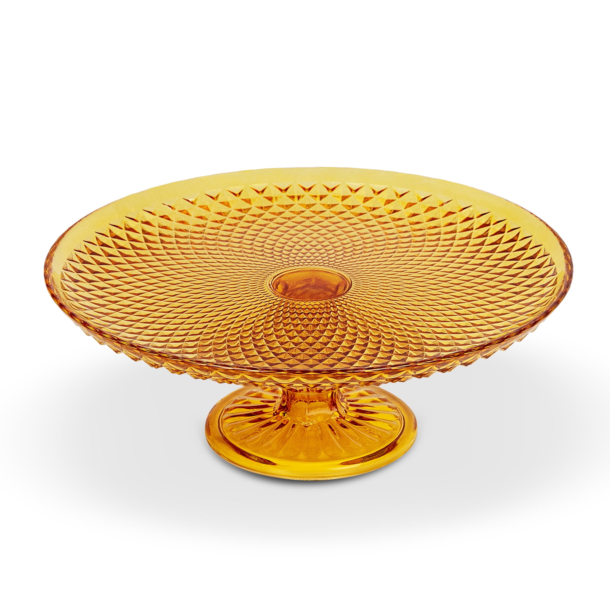 Amber Diamond Pattern Glass Pedestal Cake Stand, 10"