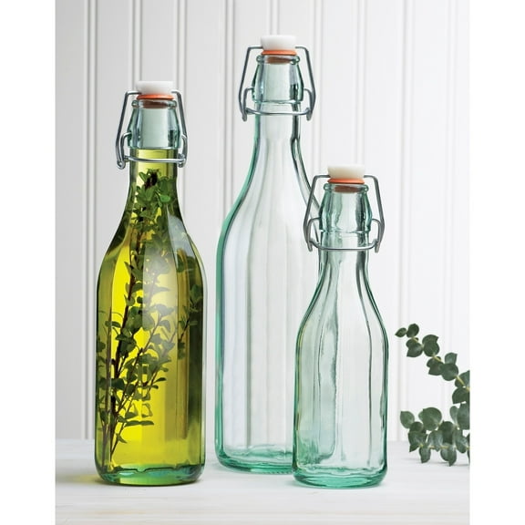 Amici Home Italian Recycled Green Faceted Hermetic Bottles Set of 2 17 oz.
